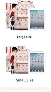 Size comparison of large and small pink leather backpacks with horse carriage pattern