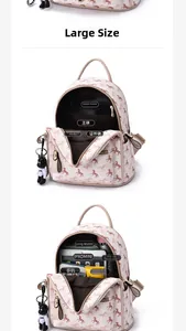Detail showing inner compartments and capacity of beige printed backpack for iPad Mini