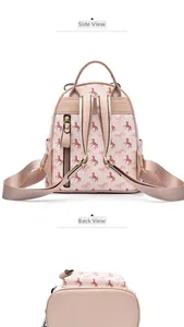 Detailed back and bottom view of beige faux leather backpack with brown horse print pattern