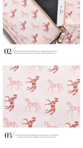Close-up of front zipper pocket on pink horse print bag with phone storage detail