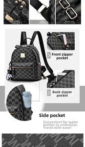 Vue détaillée du sac à dos en similicuir noir avec multi-poches et motif floral