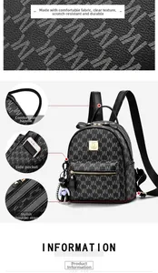 Détails du sac à dos en cuir PU noir avec motif M, fermetures dorées et breloque ours