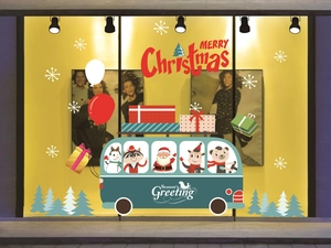 Christmas window decals with Santa Claus and cartoon bus for holiday glass decoration