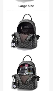 Compartiments internes détaillés d'un grand sac à dos gris montrant sa grande capacité