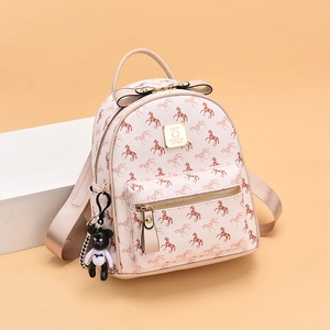 Women Fashion Backpack PU Leather Horse Print Large Capacity Travel Casual Style Shoulder Bag With Bear Pendant