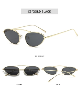 Three perspectives of gold cat-eye sunglasses with metal frame and black lenses