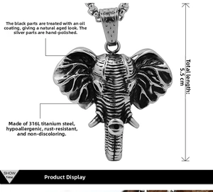 Detailed view of 316L stainless steel elephant pendant with textured ears and tusks