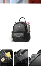 Detailansicht eines großen schwarzen PU-Lederrucksacks mit Steppmuster und Metall-Katzenanhänger