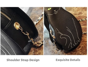 Detail of creative cat-shaped black shoulder bag featuring gold chain strap and stitching