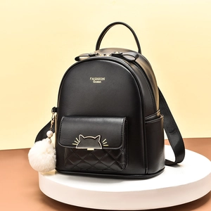 Damen Mode Rucksack PU Leder Gesteppt Katzenohr Metallverschluss Plüsch Pom Pom Anhänger Reise Tagesrucksack