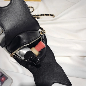 Fashionable black PU leather cat-shaped crossbody bag with elegant gold chain strap