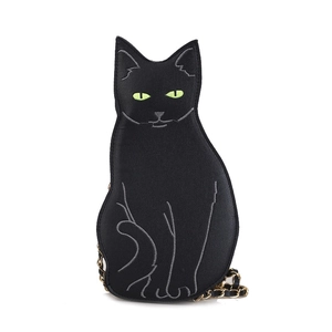 Cute 3D black cat crossbody bag with green eyes and woven chain strap for women