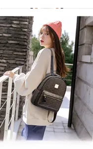 Close-up of brown monogram backpack with golden metal logo and front zipper pocket