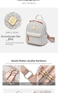 Detail of the extended leather pullers and gold metal hardware on the beige backpack