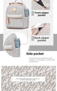 Detail of large-capacity printed travel backpack showing waterproof fabric and pockets