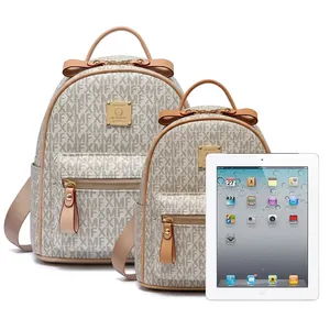 Size comparison between large and small leather backpacks with brown letter texture
