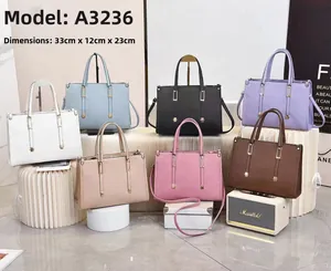 Detailansicht der Handtaschen-Kollektion in verschiedenen Farben mit Maßen und Narbenleder