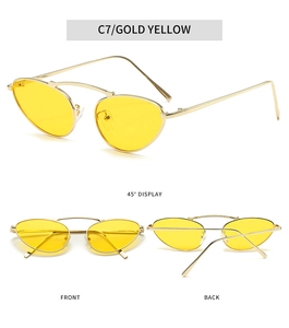 Detailed multi-angle view of gold metal cat eye sunglasses with yellow tinted lenses