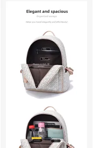 Detail view of large capacity travel backpack interior with functional storage compartments