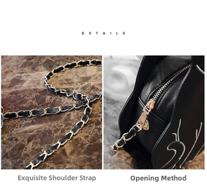 Detail of cute black cat crossbody bag with woven chain strap and metal zipper closure