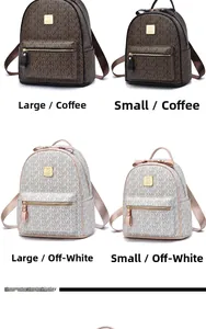 Detailed comparison of large and small backpacks in coffee and off-white faux leather