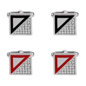 Detail view of square cufflinks featuring black and red enamel with crystal inlay