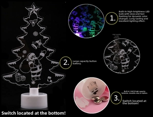 Detail of LED acrylic Christmas tree lamp showing laser engravings and battery base