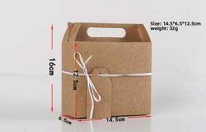 Brown kraft paper gift box with ribbon, tag, and handle dimensions 14.5x6.5x12.5cm