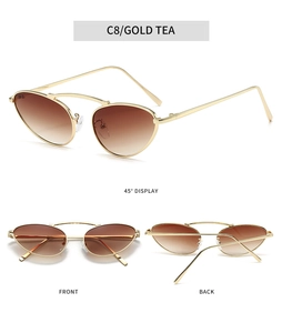 Detailed views of gold metal cat-eye sunglasses with gradient tea lenses from three angles