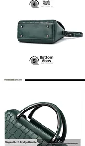Detail of dark green crocodile texture bag with four metal feet and arch handle