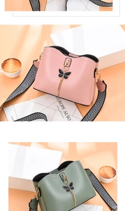 Détail de sacs bandoulière roses et verts avec gland papillon et sangle ondulée
