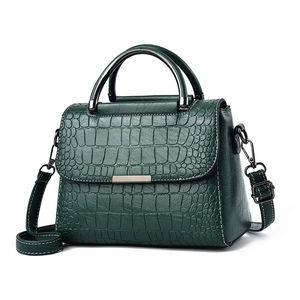 Dark green faux crocodile leather crossbody handbag with dual top handles for women