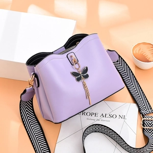 Sac Bandoulière Femme Cuir PU Mode Charme Papillon Gland Large Sangle Rayée Petit Sac Seau À Épaule Tendance