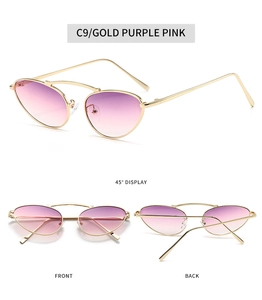 Multiple views of gold cat-eye sunglasses with purple pink gradient lenses and metal bridge