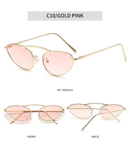 Detailed views of gold metal cat-eye sunglasses with pink gradient lenses and double bridge