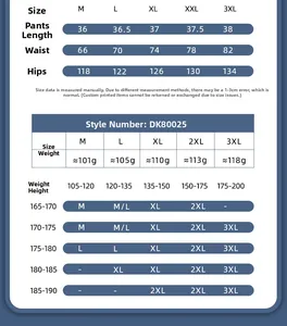 Size chart for men's running shorts detailing length, waist, and weight for sizes M to 3XL