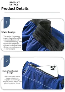 Detail of blue running shorts showing quick-dry fabric and rear zip phone pocket