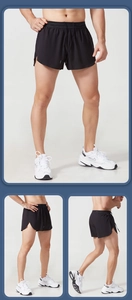 Three angles of men's quick-dry running shorts with elastic drawstring waist and side slits