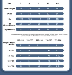 Size chart for quick-dry sports shorts showing measurements from S to XXL for runners