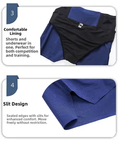 Detail of blue men's running shorts showing side split and seamless bonded hem edge