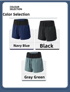 Detailed view of breathable woven sports shorts in navy blue, black, and grey green colors