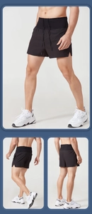 Front and side view of men's black high-waisted quick-dry running shorts with side slits