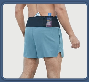 Detail of running shorts with a high-elastic waist pocket for phone and energy gels
