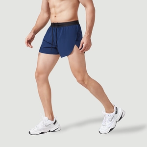 Men's navy quick-dry running shorts with side slits and elastic drawstring waistband