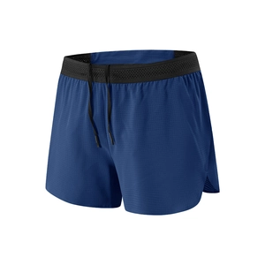 Men's navy blue quick-dry running shorts with breathable mesh and black drawstring