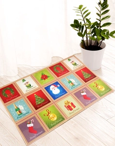 Detail of a Merry Christmas floor mat featuring festive Santa patterns on wooden floor