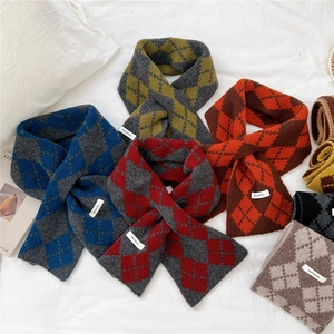 Pure Wool Scarf Winter Warm Argyle Pattern Double Layer Knit Short Style Cross Loop Neck Warmer For Women Men