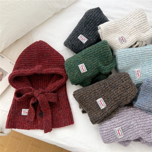 Knitted Balaclava Hood Scarf Winter Warm Wool Yarn Integrated Hat With Button Drawstring Korean Style Unisex