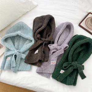 Chic winter hooded scarf balaclava in four colors with knit texture and button closure