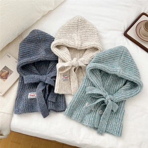 Winter knitted hooded scarf set in diverse colors with ribbed texture and soft tie strings